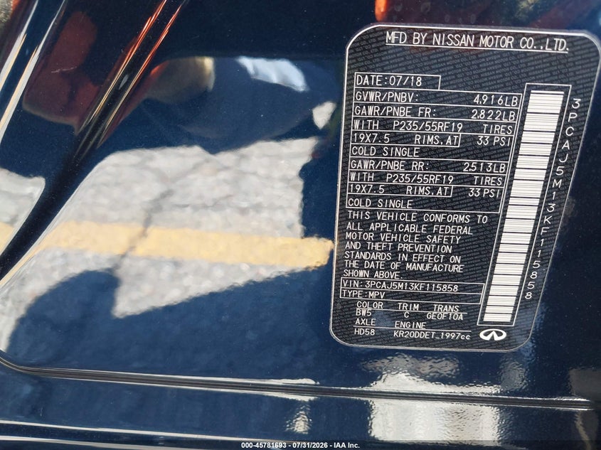 2019 Infiniti Qx50 VIN 3PCAJ5M13KF115858 IAAI salvage auction — SIDE, Salvage Title, sold $4,550 on 2026-09-15 (photo 9)