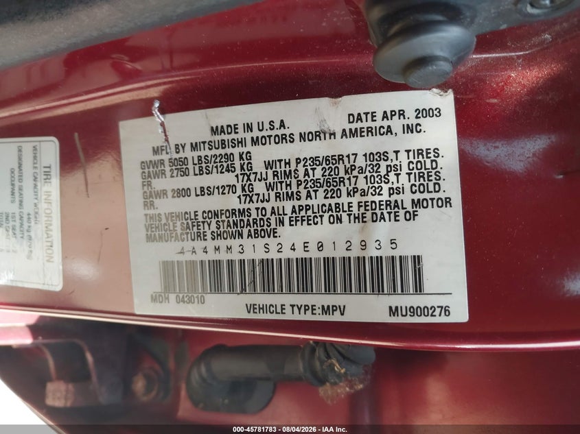 2004 Mitsubishi Endeavor VIN 4A4MM31S24E012935 IAAI salvage auction — NORMAL WEAR, Clear (Illinois), sold $100 on 2026-09-02 (photo 9)