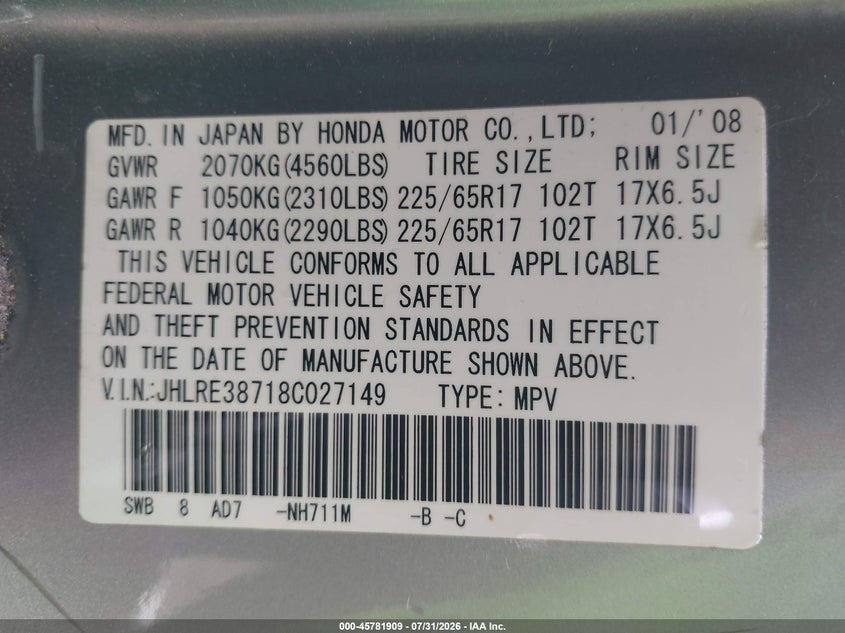 2008 Honda Cr-v VIN JHLRE38718C027149 IAAI salvage auction — FRONT END, Clear (Maryland), sold $25 on 2026-08-04 (photo 9)