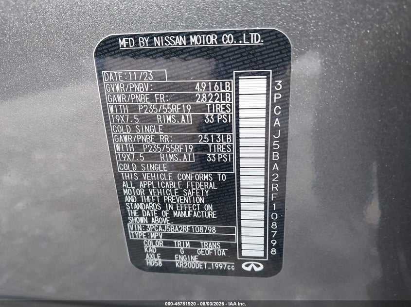2024 Infiniti Qx50 VIN 3PCAJ5BA2RF108798 IAAI salvage auction — NORMAL WEAR, Salvage Title, sold $8,100 on 2026-08-11 (photo 9)