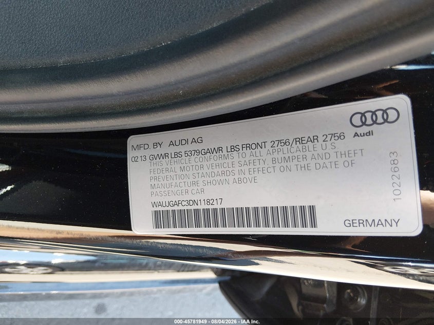 2013 Audi A6 VIN WAUJGAFC3DN118217 IAAI salvage auction — FRONT END, Salvage Title, sold $3,400 on 2026-08-16 (photo 9)