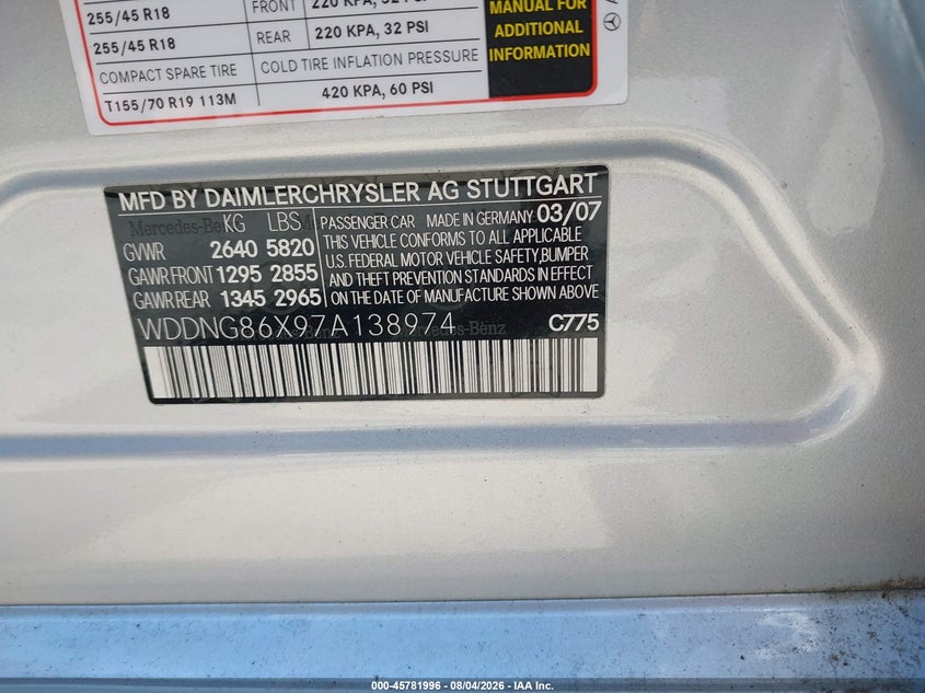 2007 Mercedes-benz S class VIN WDDNG86X97A138974 IAAI salvage auction — WATER/FLOOD, Clear (Massachusetts), sold $1,025 on 2026-08-14 (photo 9)