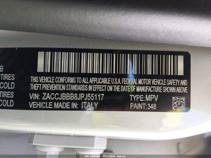 2018 Jeep Renegade VIN ZACCJBBB8JPJ55117 IAAI salvage auction — NORMAL WEAR, Original (Vermont), sold $875 on 2026-08-28 (photo 9)