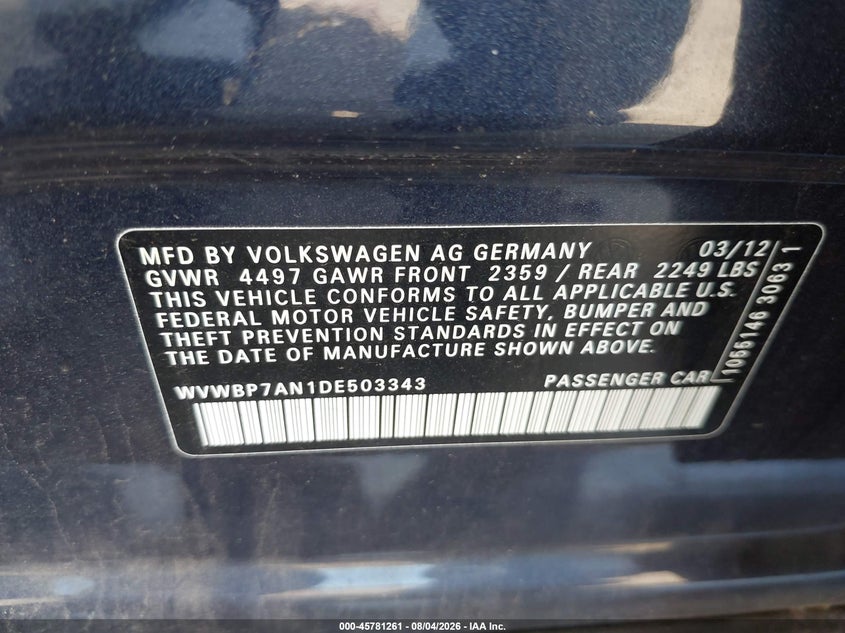 2013 Volkswagen Passat cc VIN WVWBP7AN1DE503343 IAAI salvage auction — FRONT END, Salvage Title, sold $225 on 2026-08-12 (photo 9)