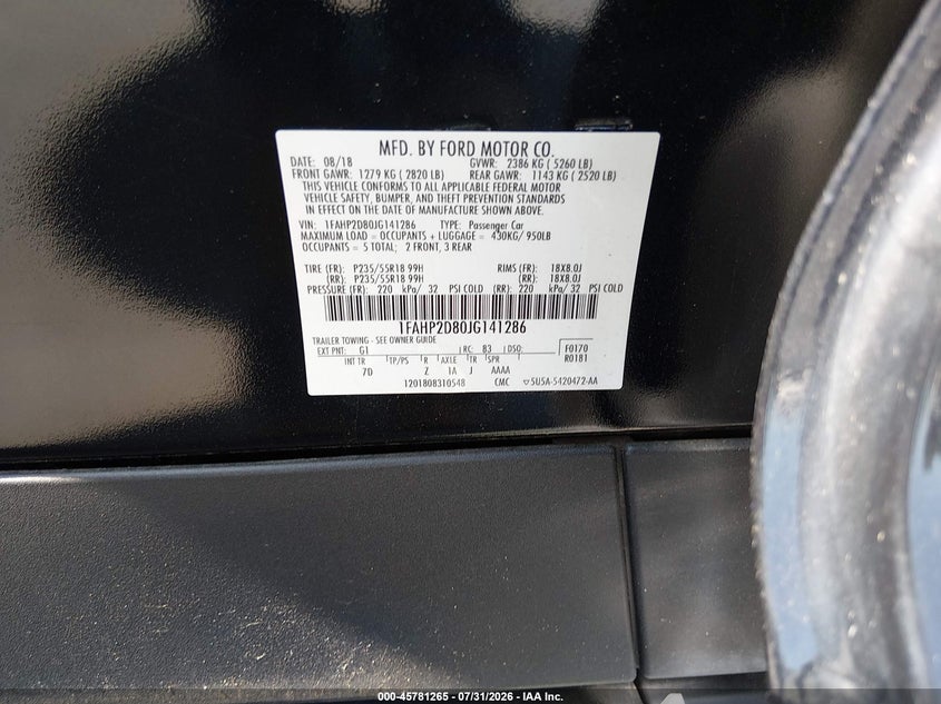 2018 Ford Taurus VIN 1FAHP2D80JG141286 IAAI salvage auction — NORMAL WEAR, SF97 (Virginia), sold $11,950 on 2026-08-19 (photo 9)