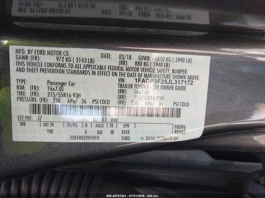 2018 Ford Focus VIN 1FADP3F25JL317172 IAAI salvage auction — NORMAL WEAR, Sf97 (Texas), sold $8,000 on 2026-09-01 (photo 9)