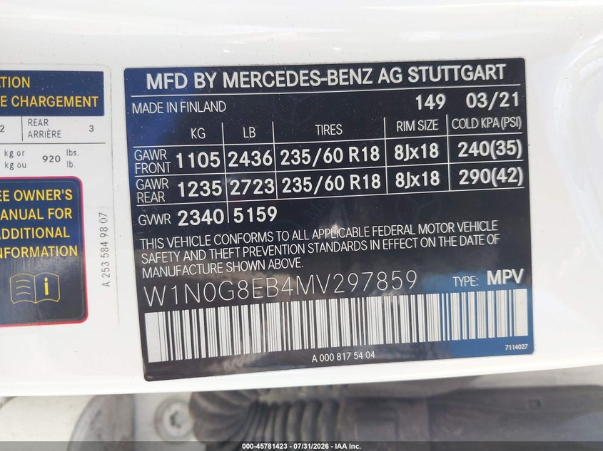 2021 Mercedes-benz Glc class VIN W1N0G8EB4MV297859 IAAI salvage auction — NORMAL WEAR, Clear (Pennsylvania), sold $7,150 on 2026-08-10 (photo 9)