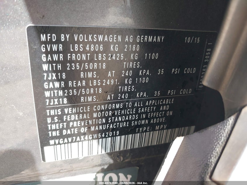 2016 Volkswagen Tiguan VIN WVGAV7AX4GW542019 IAAI salvage auction — FRONT END, Wait Title, sold $1,000 on 2026-09-26 (photo 9)