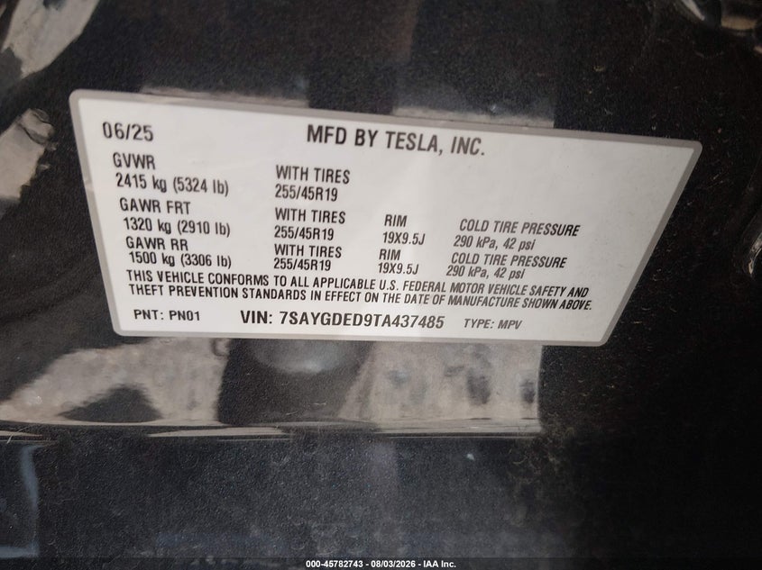 2026 Tesla Model y VIN 7SAYGDED9TA437485 IAAI salvage auction — RIGHT FRONT, Salvage (North Carolina), sold $23,550 on 2026-09-14 (photo 9)