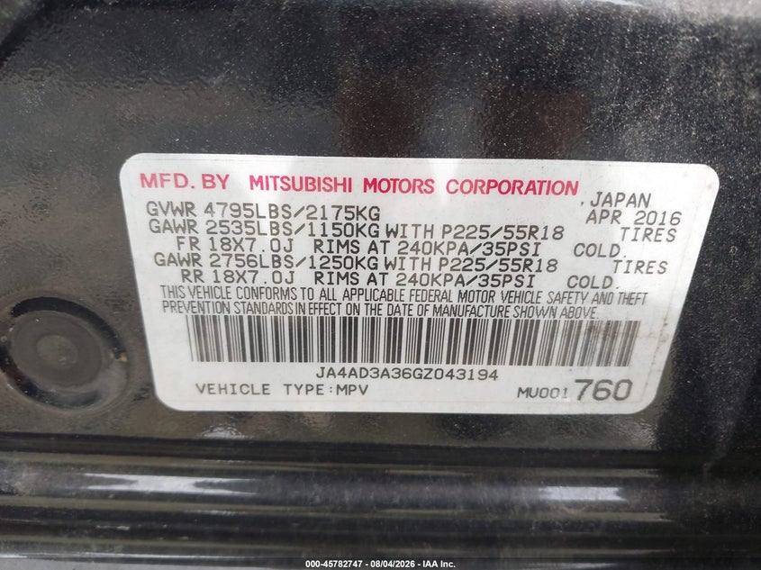 2016 Mitsubishi Outlander VIN JA4AD3A36GZ043194 IAAI salvage auction — REAR END, Wait Title, sold $25 on 2026-09-23 (photo 9)