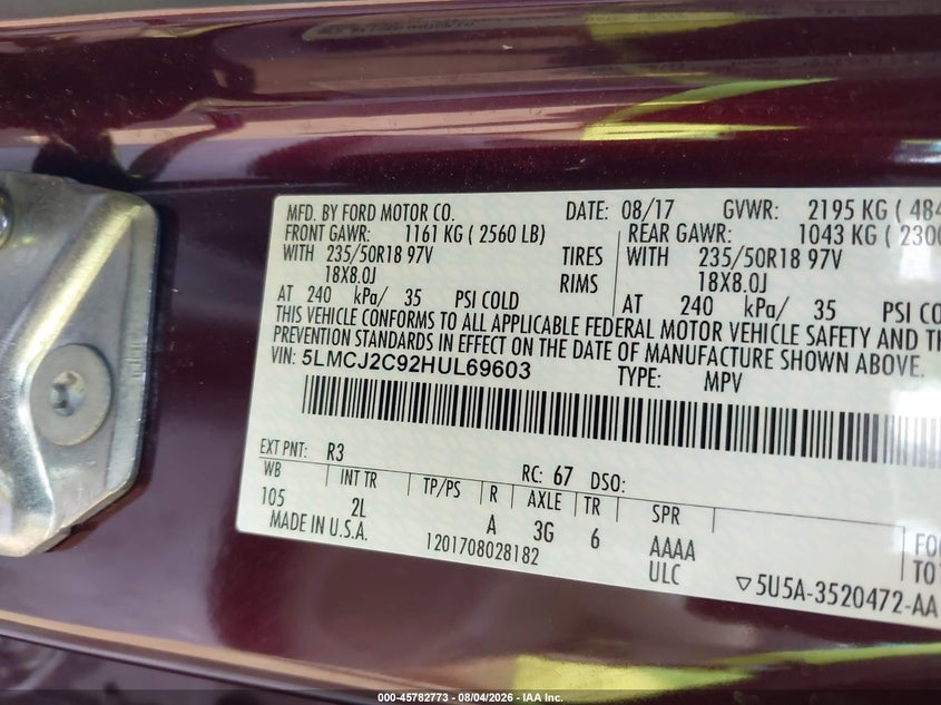 2017 Lincoln Mkc VIN 5LMCJ2C92HUL69603 IAAI salvage auction — FRONT END, Salvage Title, sold $3,000 on 2026-09-06 (photo 9)