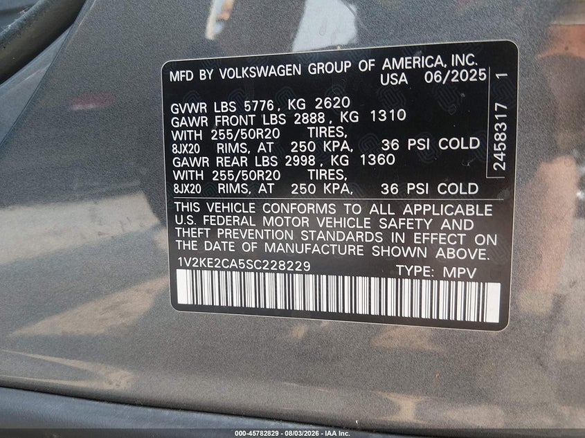 2025 Volkswagen Atlas cross sport VIN 1V2KE2CA5SC228229 IAAI salvage auction — FRONT END, Salvage Title, sold $13,200 on 2026-08-10 (photo 9)
