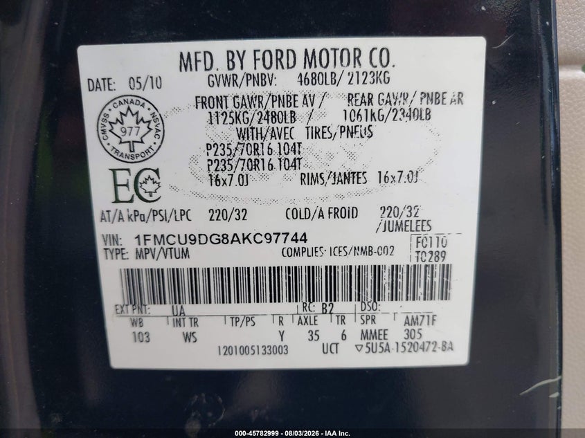 2010 Ford Escape VIN 1FMCU9DG8AKC97744 IAAI salvage auction — SIDE, Clear (Michigan), sold $25 on 2026-09-06 (photo 9)