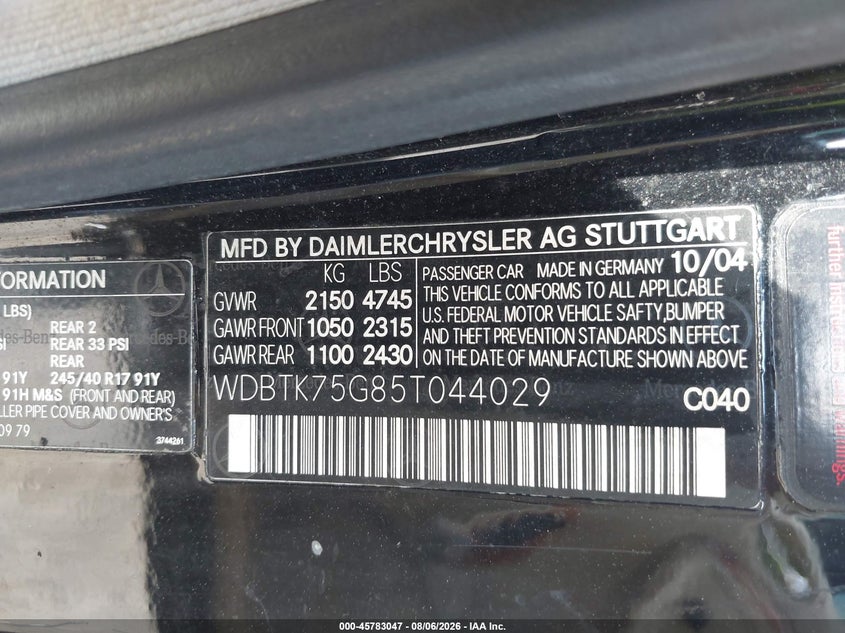2005 Mercedes-benz Clk-class VIN WDBTK75G85T044029 IAAI salvage auction — ALL OVER, Parts Only Bos (Maryland), sold $325 on 2026-08-12 (photo 9)