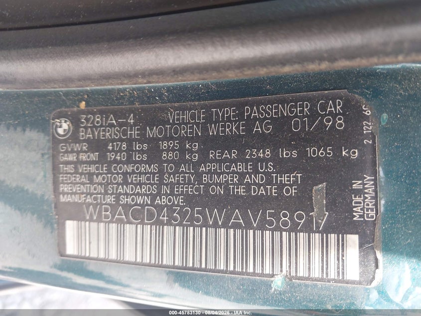 1998 BMW 3 series VIN WBACD4325WAV58917 IAAI salvage auction — FRONT & REAR, Clear (Virginia), sold $350 on 2026-08-13 (photo 9)