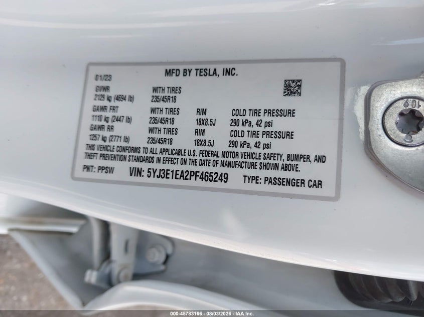 2023 Tesla Model 3 VIN 5YJ3E1EA2PF465249 IAAI salvage auction — REAR END, Salvage Title, sold $7,600 on 2026-09-15 (photo 8)