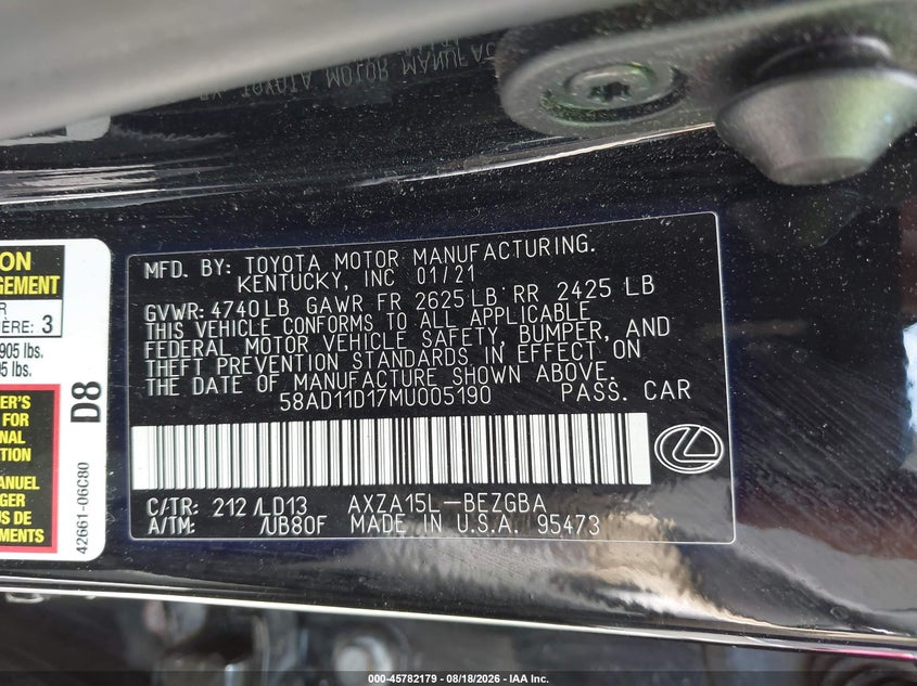 2021 Lexus ES VIN 58AD11D17MU005190 IAAI salvage auction — SIDE, Salvage (Ohio), sold $8,000 on 2026-08-26 (photo 9)
