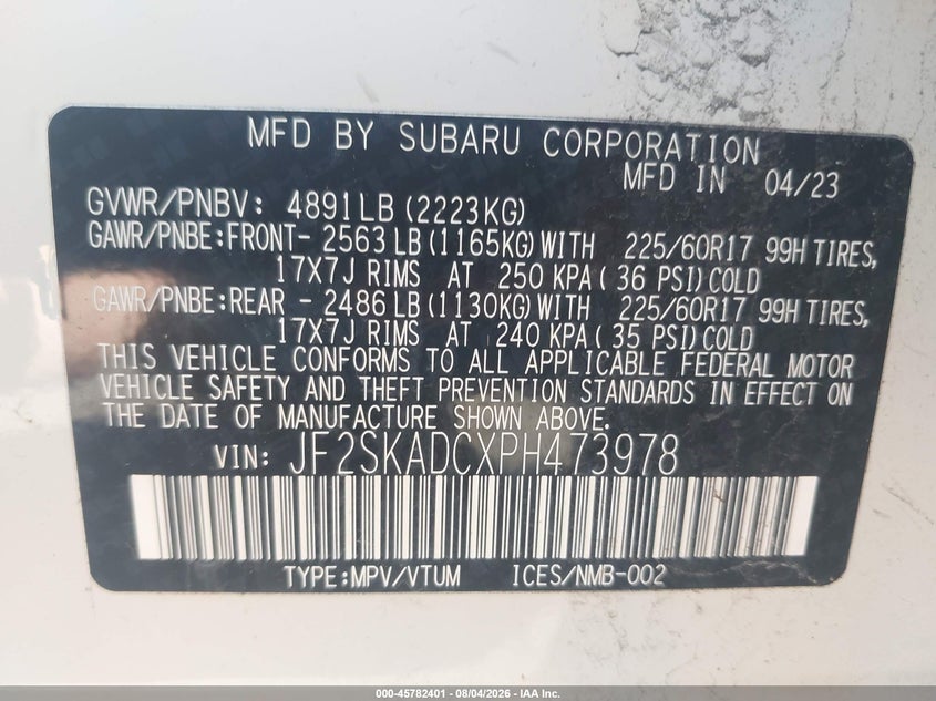 2023 Subaru Forester VIN JF2SKADCXPH473978 IAAI salvage auction — NORMAL WEAR, Salvage Title, sold $11,600 on 2026-08-28 (photo 9)