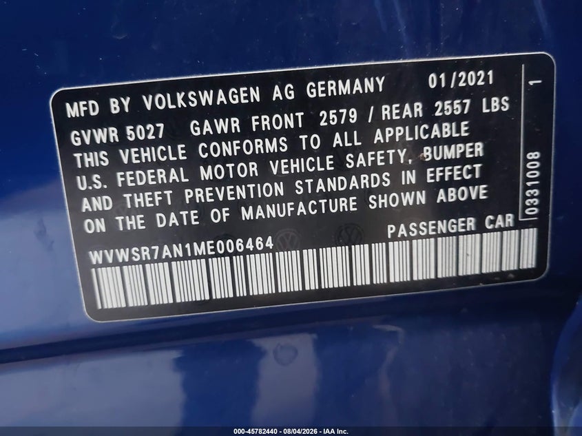 2021 Volkswagen Arteon VIN WVWSR7AN1ME006464 IAAI salvage auction — WATER/FLOOD, Wait Title, sold $8,950 on 2026-09-02 (photo 9)
