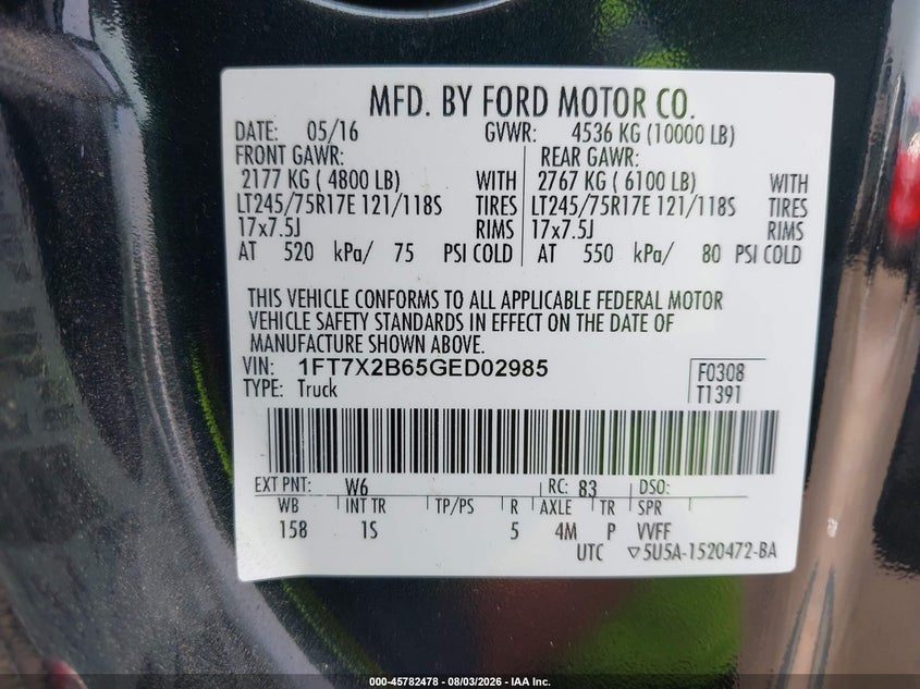 2016 Ford F-250 VIN 1FT7X2B65GED02985 IAAI salvage auction — NORMAL WEAR, Sf97 (Washington), sold $17,700 on 2026-08-26 (photo 9)