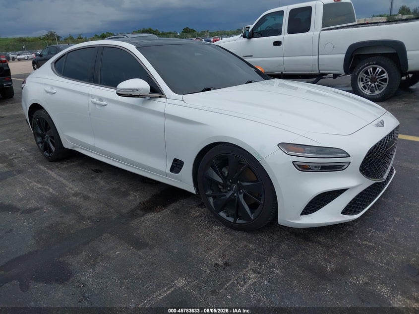 2023 Genesis G70 VIN KMTG34TA3PU104553 IAAI salvage auction — LEFT FRONT, Salvage Title, sold $11,750 on 2026-08-27 (photo 1)