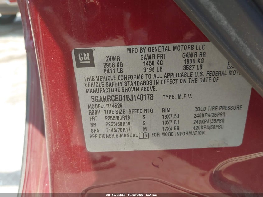 2011 Buick Enclave VIN 5GAKRCED1BJ140178 IAAI salvage auction — NORMAL WEAR, Clear - Public Restricted (Oklahoma), sold $600 on 2026-09-08 (photo 9)