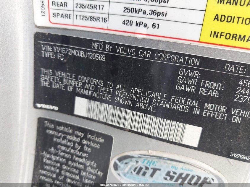 2011 Volvo C70 VIN YV1672MC0BJ120569 IAAI salvage auction — SIDE, Salvage (North Carolina), sold $1,350 on 2026-08-17 (photo 9)