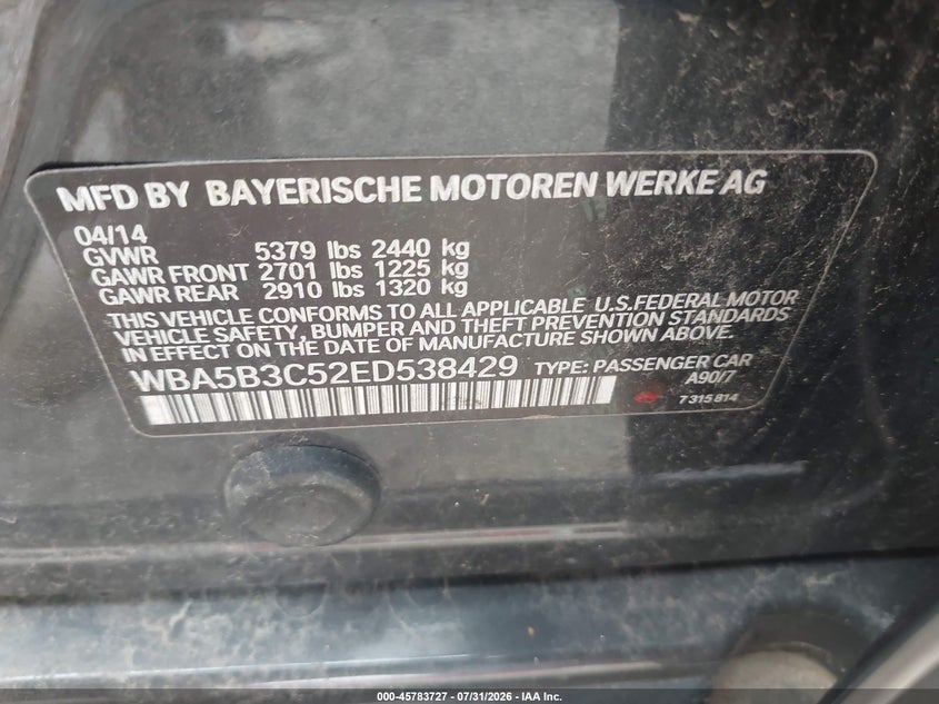 2014 BMW 5er VIN WBA5B3C52ED538429 IAAI salvage auction — NORMAL WEAR, Salvage Title, sold $2,625 on 2026-08-21 (photo 9)