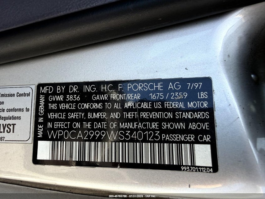 1998 Porsche 911 VIN WP0CA2999WS340123 IAAI salvage auction — ENGINE DAMAGE, Clear (Florida), sold $27,000 on 2026-08-10 (photo 9)
