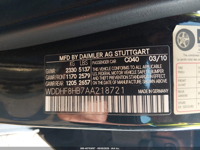 2010 Mercedes-benz E-class VIN WDDHF8HB7AA218721 IAAI salvage auction — NORMAL WEAR, Clear (Louisiana), sold $1,000 on 2026-08-11 (photo 9)
