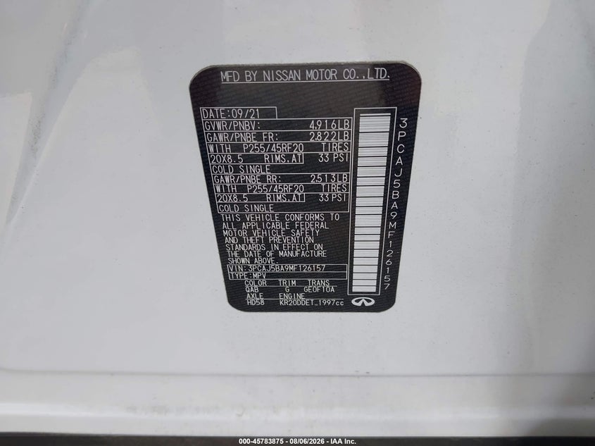 2021 Infiniti Qx50 VIN 3PCAJ5BA9MF126157 IAAI salvage auction — ROOF, Salvage Title, sold $6,300 on 2026-08-20 (photo 9)