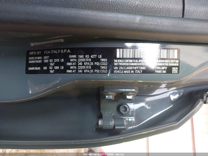2017 Jeep Renegade VIN ZACCJABB7HPF73840 IAAI salvage auction — ENGINE DAMAGE, Salvage Title, sold $1,275 on 2026-08-07 (photo 9)