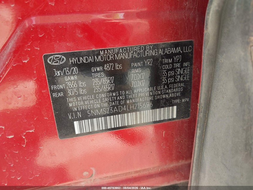 2020 Hyundai Santa Fe VIN 5NMS23AD4LH215696 IAAI salvage auction — Front & Rear, Clear, sold $5,000 on 2026-10-12 (photo 9)