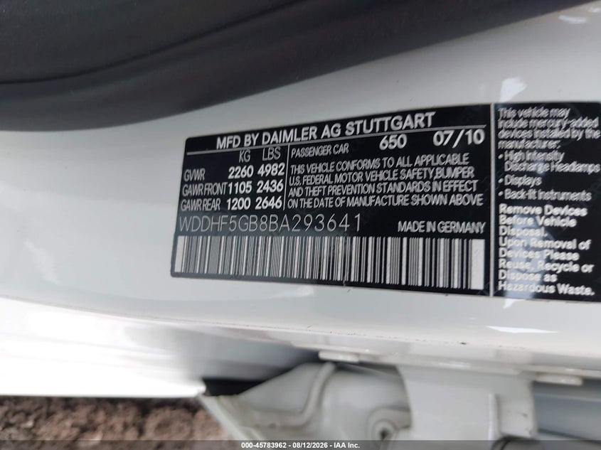 2011 Mercedes-benz E-class VIN WDDHF5GB8BA293641 IAAI salvage auction — UNKNOWN, Parts Only Bos (Maryland), sold $825 on 2026-08-19 (photo 9)