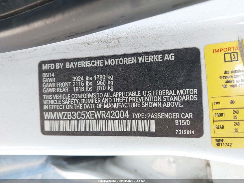 2014 Mini Countryman VIN WMWZB3C5XEWR42004 IAAI salvage auction — NORMAL WEAR, Clear - Dealer Only (California), sold $650 on 2026-08-11 (photo 9)