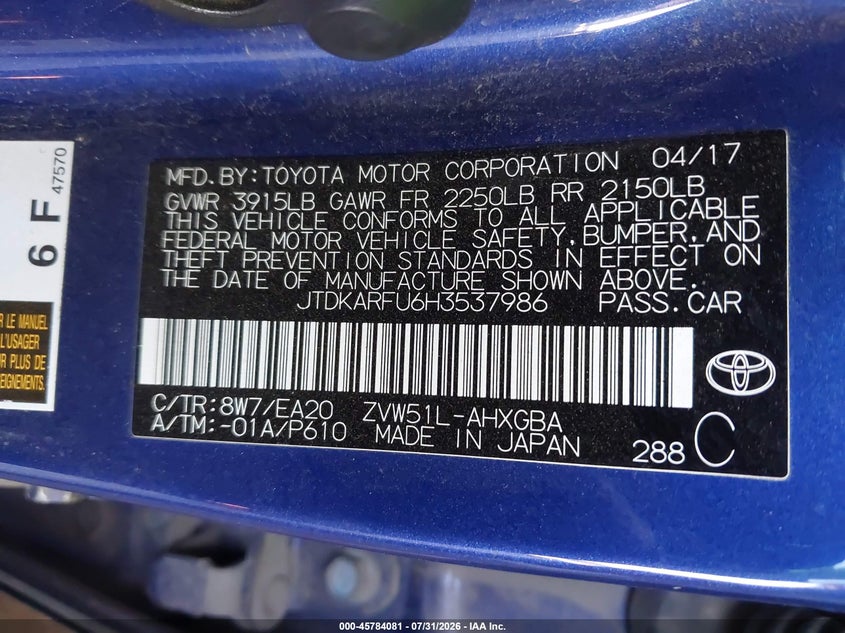 2017 Toyota Prius VIN JTDKARFU6H3537986 IAAI salvage auction — LEFT & RIGHT, Salvage Title, sold $2,250 on 2026-08-20 (photo 9)
