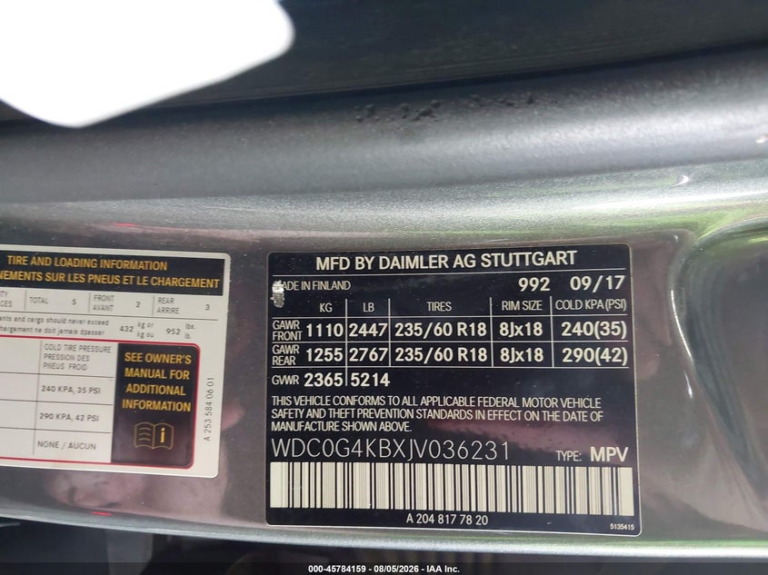 2018 Mercedes-benz Glc VIN WDC0G4KBXJV036231 IAAI salvage auction — FRONT END, Salvage Title, sold $6,200 on 2026-08-13 (photo 9)