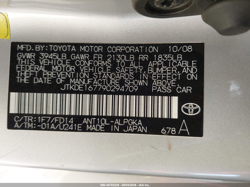 2009 Scion Tc VIN JTKDE167790294709 IAAI salvage auction — FRONT & REAR, Salvage (Texas), sold $100 on 2026-08-31 (photo 9)