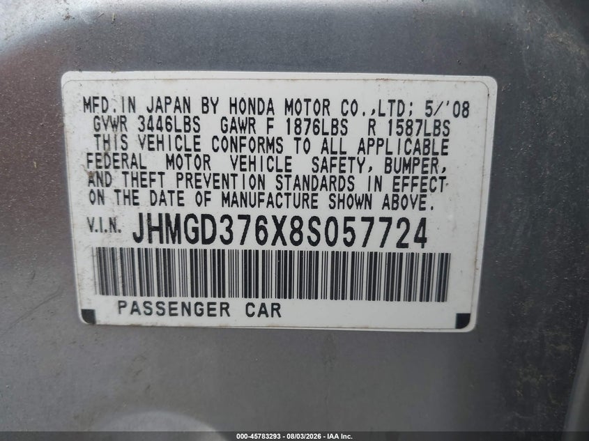 2008 Honda Fit VIN JHMGD376X8S057724 IAAI salvage auction — NORMAL WEAR, Clear (Arizona), sold $600 on 2026-09-02 (photo 9)