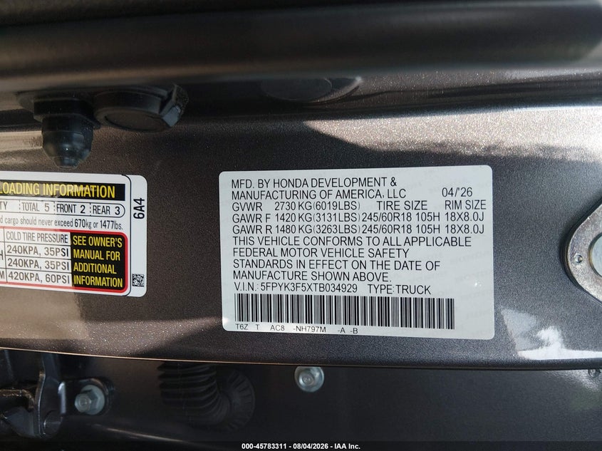 2026 Honda Ridgeline VIN 5FPYK3F5XTB034929 IAAI salvage auction — FRONT END, Enterprise Vehicles Clear Only (Oklahoma), sold $26,800 on 2026-08-26 (photo 9)