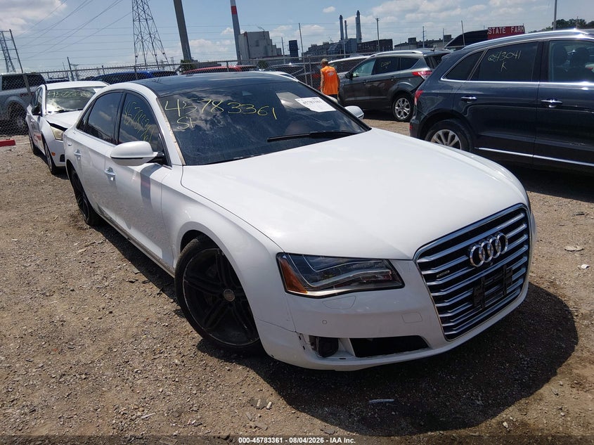2013 Audi A8 VIN WAURGAFD6DN025798 IAAI salvage auction — LEFT SIDE, Clear (Indiana), sold $2,625 on 2026-09-04 (photo 1)
