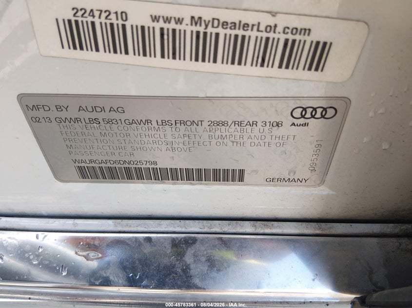 2013 Audi A8 VIN WAURGAFD6DN025798 IAAI salvage auction — LEFT SIDE, Clear (Indiana), sold $2,625 on 2026-09-04 (photo 9)