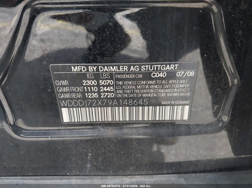 2009 Mercedes-benz Cls-class VIN WDDDJ72X79A148645 IAAI salvage auction — LEFT FRONT, Rebuildable (Florida), sold $450 on 2026-08-13 (photo 9)