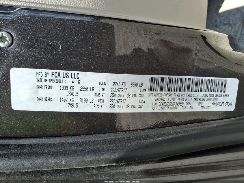 2016 Dodge Grand caravan VIN 2C4RDGBG8GR349597 IAAI salvage auction — NORMAL WEAR, SF97 (North Carolina), sold $6,100 on 2026-09-09 (photo 9)