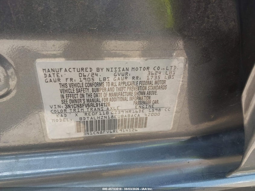 2024 Nissan Versa VIN 3N1CN8FV6RL914126 IAAI salvage auction — LEFT SIDE, Enterprise Vehicles Clear Only (Missouri), sold $12,200 on 2026-08-06 (photo 9)