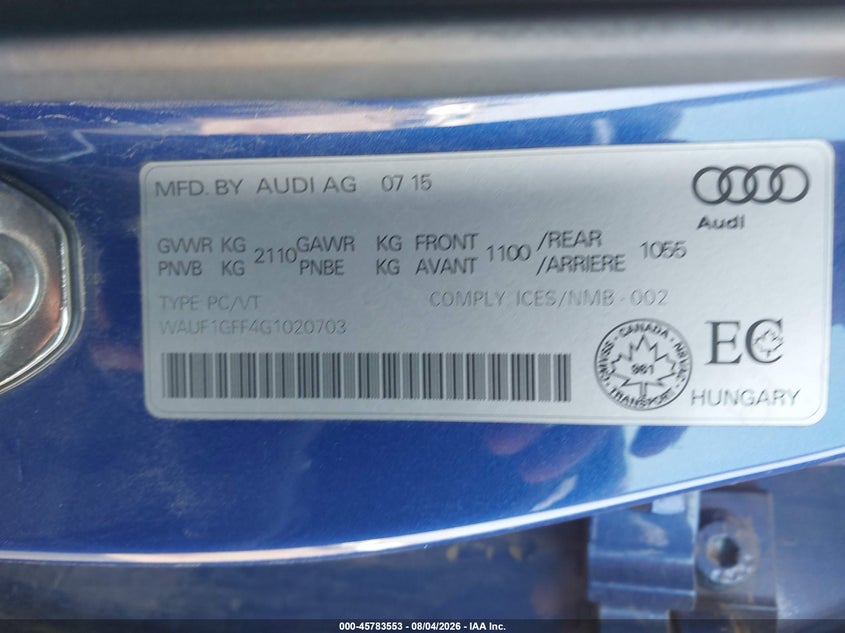 2016 Audi S3 VIN WAUF1GFF4G1020703 IAAI salvage auction — LEFT FRONT, Bill Of Sale (Washington), sold $7,300 on 2026-09-01 (photo 9)