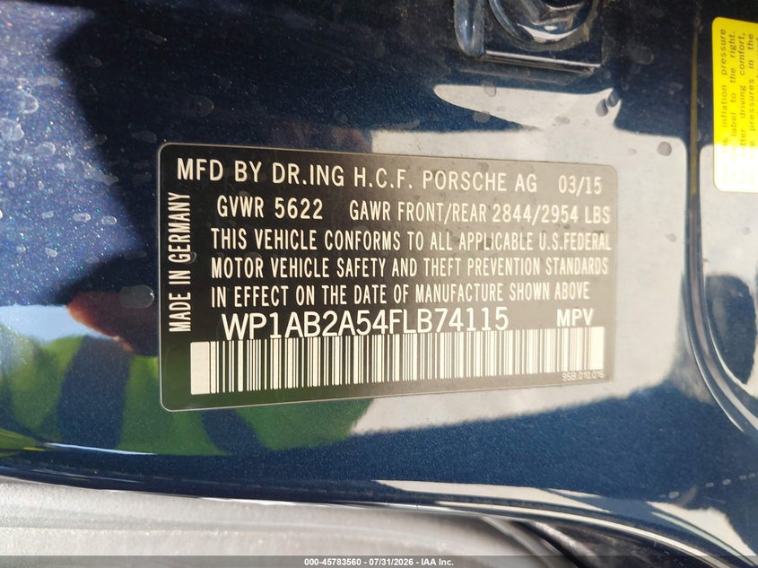 2015 Porsche Macan VIN WP1AB2A54FLB74115 IAAI salvage auction — LEFT REAR, Clear - Dealer Only (California), sold $5,550 on 2026-08-19 (photo 9)
