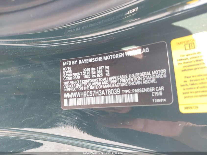 2017 Mini Convertible VIN WMWWH9C57H3A78039 IAAI salvage auction — NORMAL WEAR, Clear (Washington), sold $7,550 on 2026-08-17 (photo 9)