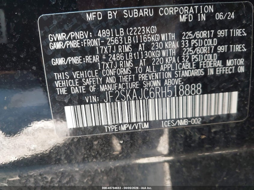 2024 Subaru Forester VIN JF2SKAJC6RH518888 IAAI salvage auction — ROOF, Salvage Title, sold $14,300 on 2026-09-01 (photo 9)