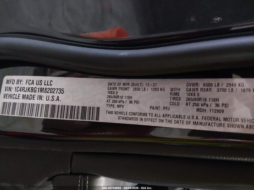 2021 Jeep Grand cherokee VIN 1C4RJKBG1M8202735 IAAI salvage auction — SIDE, Bill Of Sale (Alaska), sold $8,200 on 2026-08-10 (photo 9)